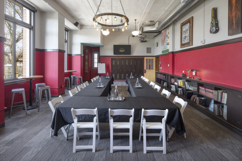 Alternate view of a long table, banquet-style setup at The Sunset Room.