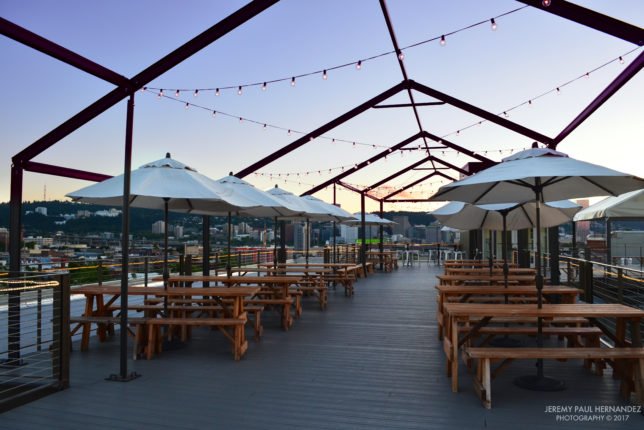 Dusky roof deck seating, empty.